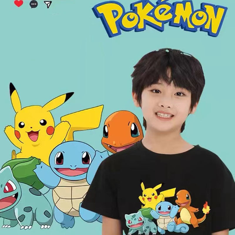 100 ~ 160 Pokémon Co-Branded เสื้อผ้าเด็กเสื้อยืดแขนสั้น Pokémon Anime เด็ก Pikachu การ์ตูน