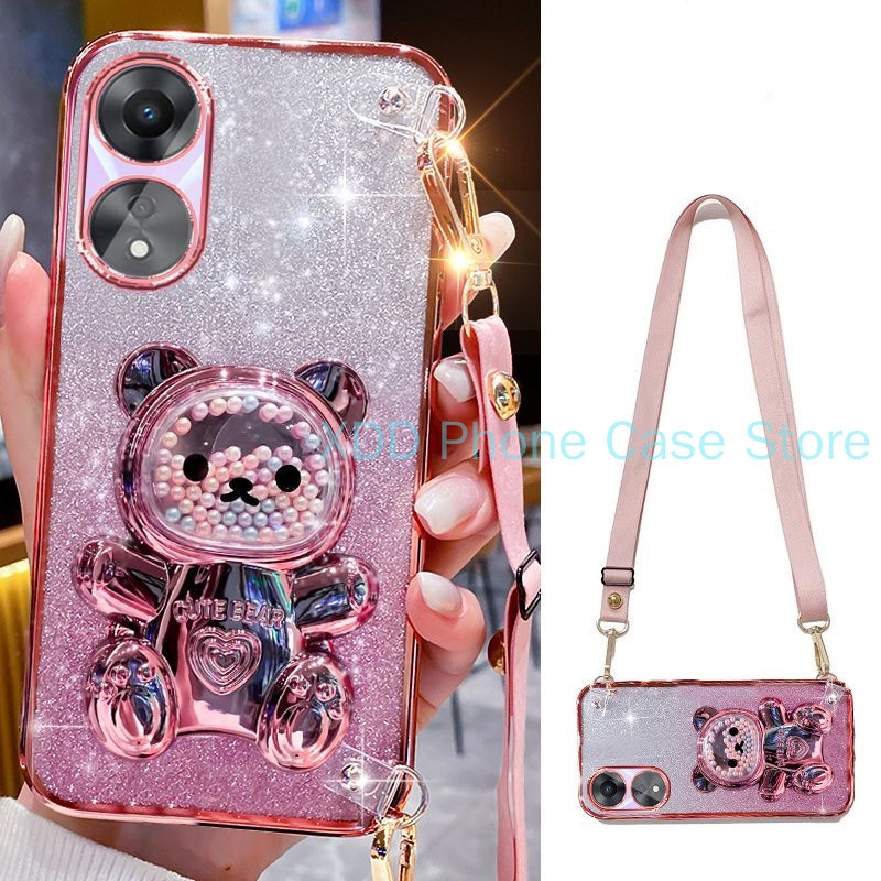 ปลอกoppo A38 4G A58 A78 4G 5G A18 A17 A17K A58XกรณีElectroplatingโปร่งใสGlitter 3D Quicksandหมีวงเล็บเคสโทรศัพท์พร้อมCrossbody Lanyard