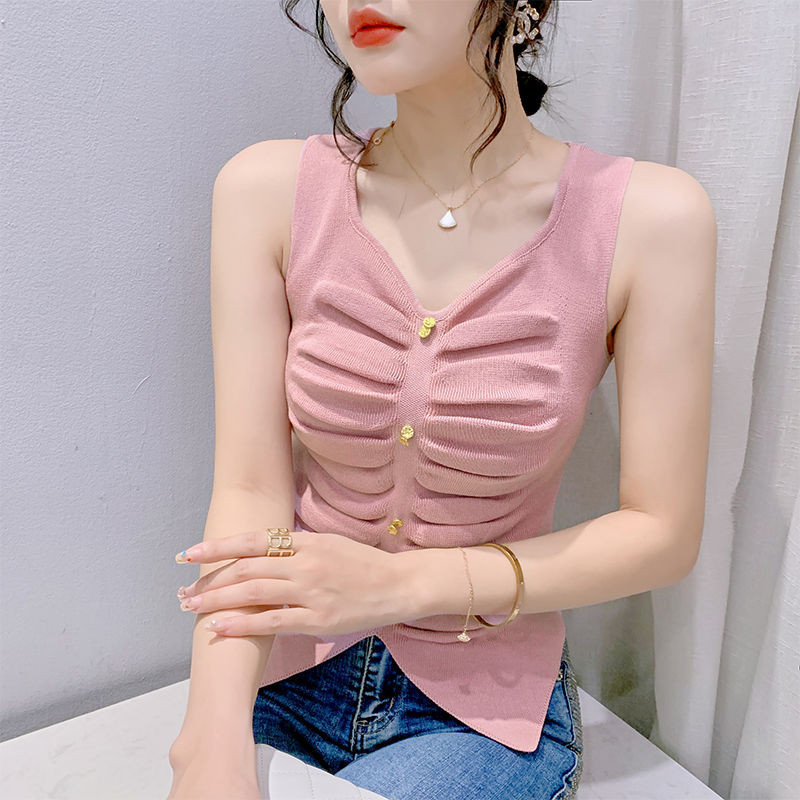 เซ็กซี่คอวีเสื้อกั๊กผู้หญิงฤดูร้อนสไตล์ใหม่ออกแบบ กรีด ด้านบนสวมใส่ด้านนอกแขนกุด บาง-พอดี เสื้อชั้นในสตรี เสื้อขนาดเล็กผ้าไหมเย็นเกราะสไตล์ม้ากวน จีพีไอพี