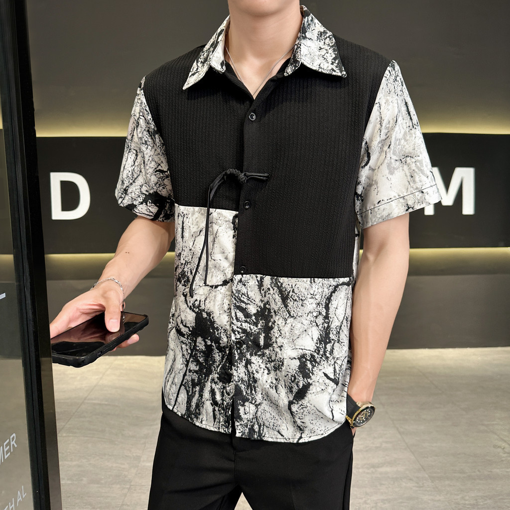 สีตัดกันลวดลาย ไม่เป็นทางการ เสื้อเชิ้ตแขนสั้นผู้ชาย ใส่สบาย Oversize ทรงหลวม เสื้อผู้ชาย