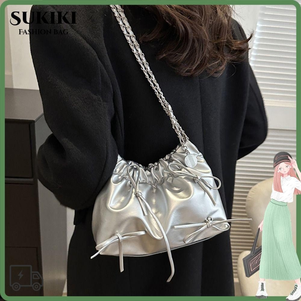 Sukiki Plain Pleated Bag, All-match One-sided Pleated Design Women 's Shoulder Bag, Casual Plain Small PU Leather Handbag Women