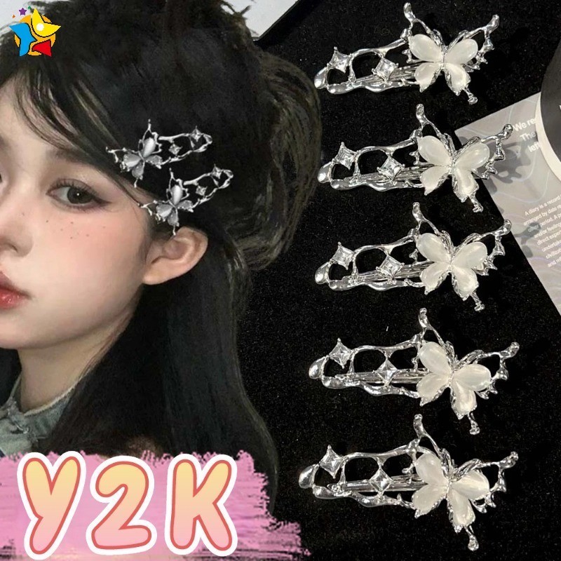 Y2k ไม่สม่ําเสมอ Liquid โลหะ Hairpin ผีเสื้อเพทายโอปอล Duckbill กิ๊บติดผมผู้หญิงแฟชั่นสีเงิน Bangs ด้านข้าง Barrettes อุปกรณ์เสริมผม