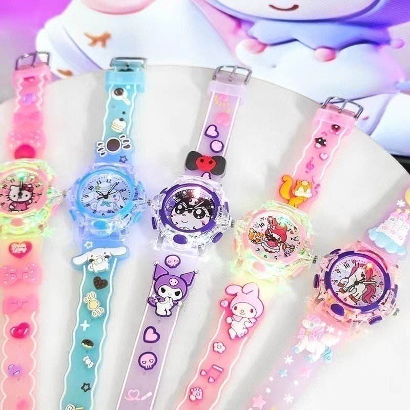 Sanrio Hello Kitty นาฬิกาการ ์ ตูน My Melody Kuromi สีสัน Luminous นักเรียนควอตซ ์ Pointer นาฬิกาดิจิตอลของขวัญวันหยุดสําหรับเด ็ ก