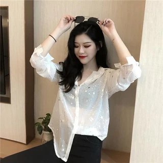 ฤดูใบไม ้ ผลิและฤดูร ้ อนหลวมเสื ้ อชีฟองผู ้ หญิงโปโลคอบางแขนยาว Shining เสื ้ อ