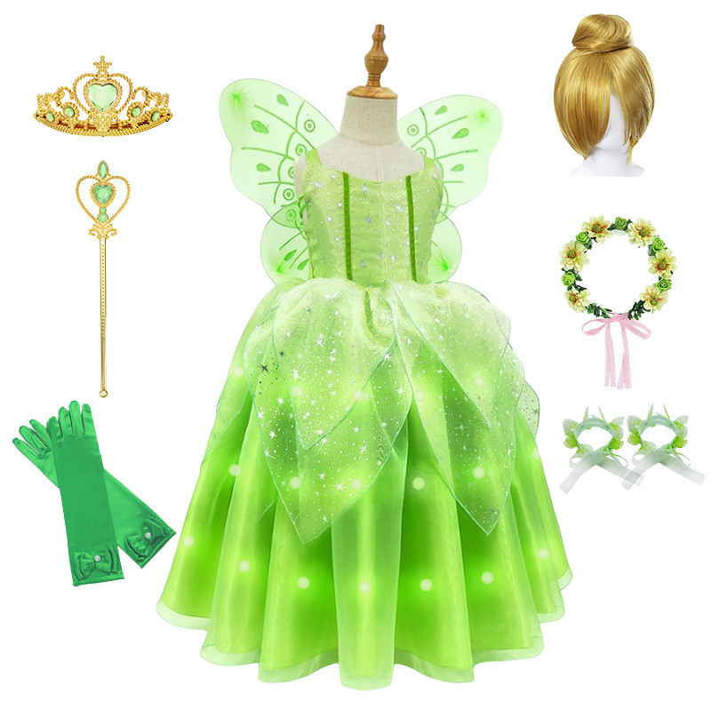 Tinker Bell ชุดเจ้าหญิงพร้อมไฟ LED ชุดเด็กผู้หญิงวันเกิดเสื้อผ้าฮาโลวีน Disney คอสเพลย์เครื่องแต่งกาย