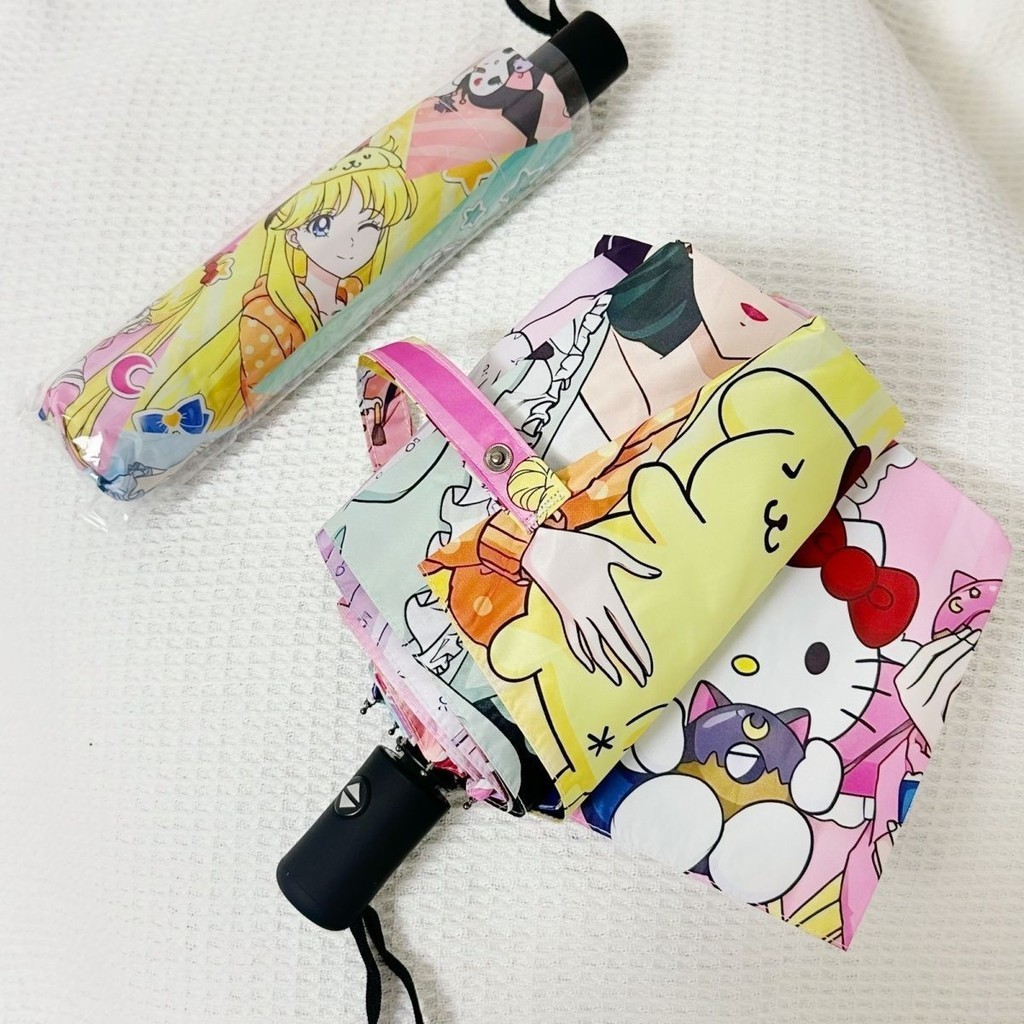 SANRIO ซานริโอ ร่มกันแดดอัตโนมัติป้องกันแสงแดดป้องกันรังสียูวีการ์ตูนทนทานฝนและฝนร่มกันแดดแบบใช้คู่ร่มหนาน่ารักสําหรับผู้หญิงสําหรับเด