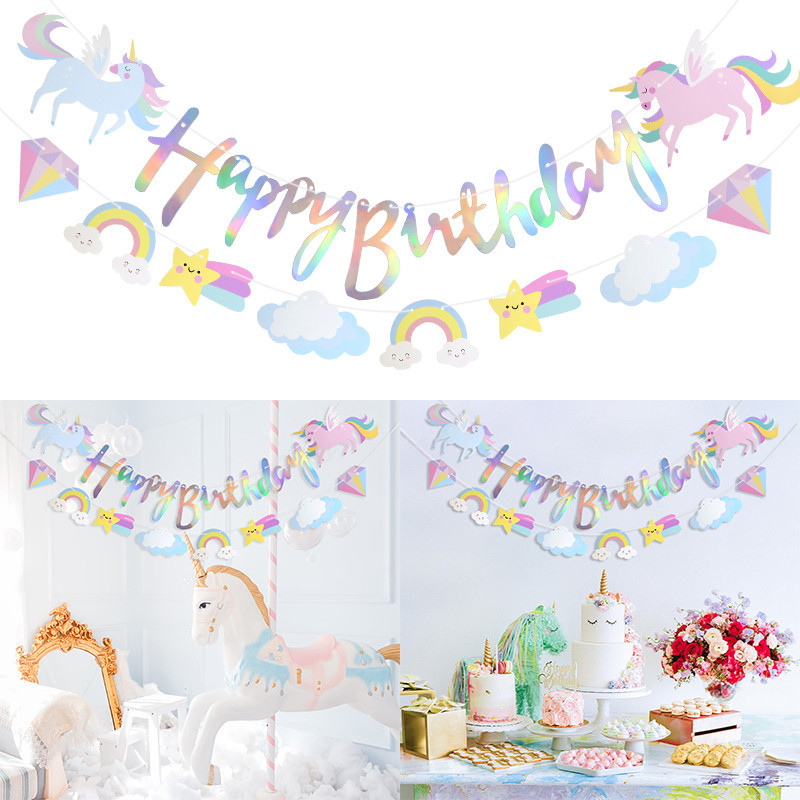1 ชุดยูนิคอร ์ นวันเกิดตกแต ่ งยูนิคอร ์ นสุขสันต ์ วันเกิดแบนเนอร ์ Unicorn Party อุปกรณ ์ สําหรับสาววันเกิดตกแต ่ ง