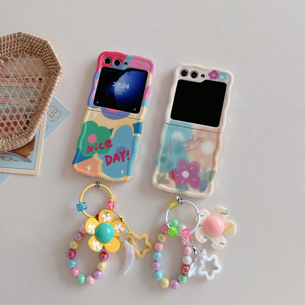 Flip 6 Samsung Galaxy Z Flip5 เคสคลื่นน่ารักการ์ตูนดอกไม้สีสันสดใสพร้อมสายโซ่เคส Samsung Galaxy Z Flip 3 Flip 4 5G นุ่มกันกระแทกโทรศัพท์ความคิดสร้างสรรค์ฝาครอบ