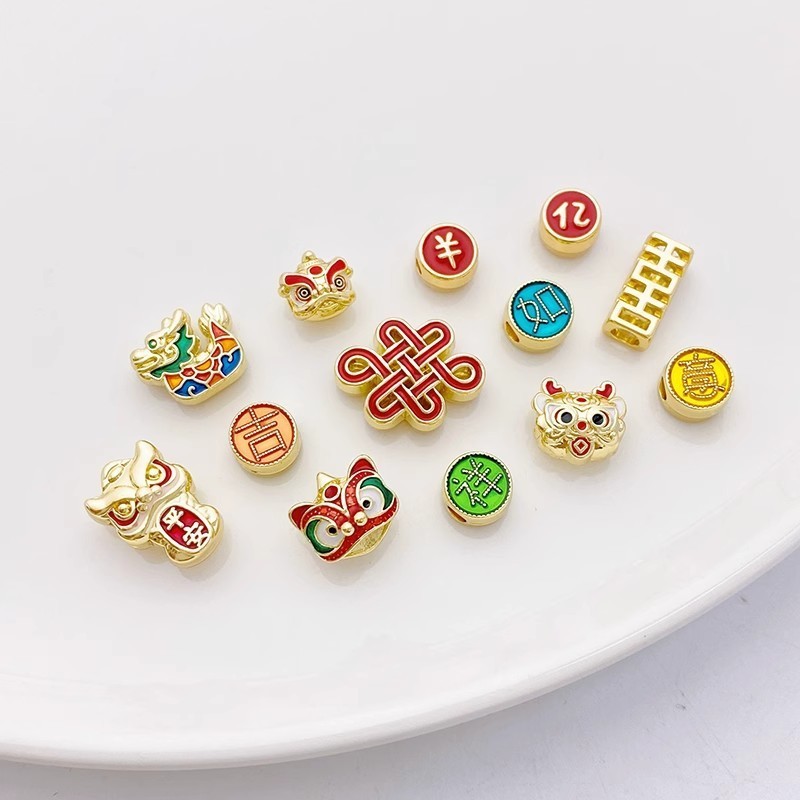 ปีใหม่ 14K Gold-Packed สี Retention มงคล Lucky Lion Dance จีน Knot Spacer ลูกปัด diy สร้อยข้อมือสร้อยคอเครื่องประดับวัสดุอุปกรณ์เสริม