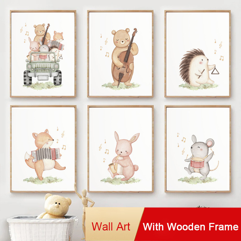 กรอบสัตว์น่ารักเล่นเครื่องดนตรีเนอสเซอรี่ผนังศิลปะเพลงธีมผ้าใบภาพวาดเด็กอนุบาลตกแต่งห้องโปสเตอร์