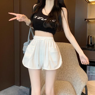 cherryshop พร้อมส่ง กางเกงขาสั้นกีฬาผูกเชือกเอวสูงสไตล์เกาหลีแฟชั่นฤดูร้อนสำหรับผู้หญิง สีทึบ ผ้ายืดใส่สบาย ลำลอง น่ารัก