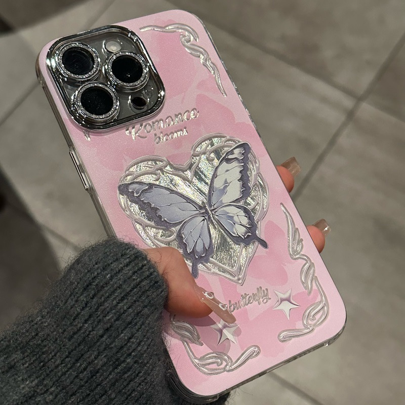 เคสไอโฟน16 15 14 13 12 11 Pro Max Case Gentlewoman Love pink butterfly Compatible เคส iPhone 16PM,16Plus,X/XS, XR,7+,8Plus
