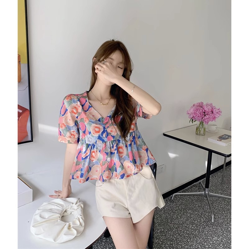 เสื้อเชิ้ตคอวีดีไซน์เฉพาะสำหรับผู้หญิงเสื้อเชิ้ตทรงหลวมแบบใหม่สำหรับฤดูร้อนเสื้อสุดเก๋สไตล์ติดเล็บทอ5qge