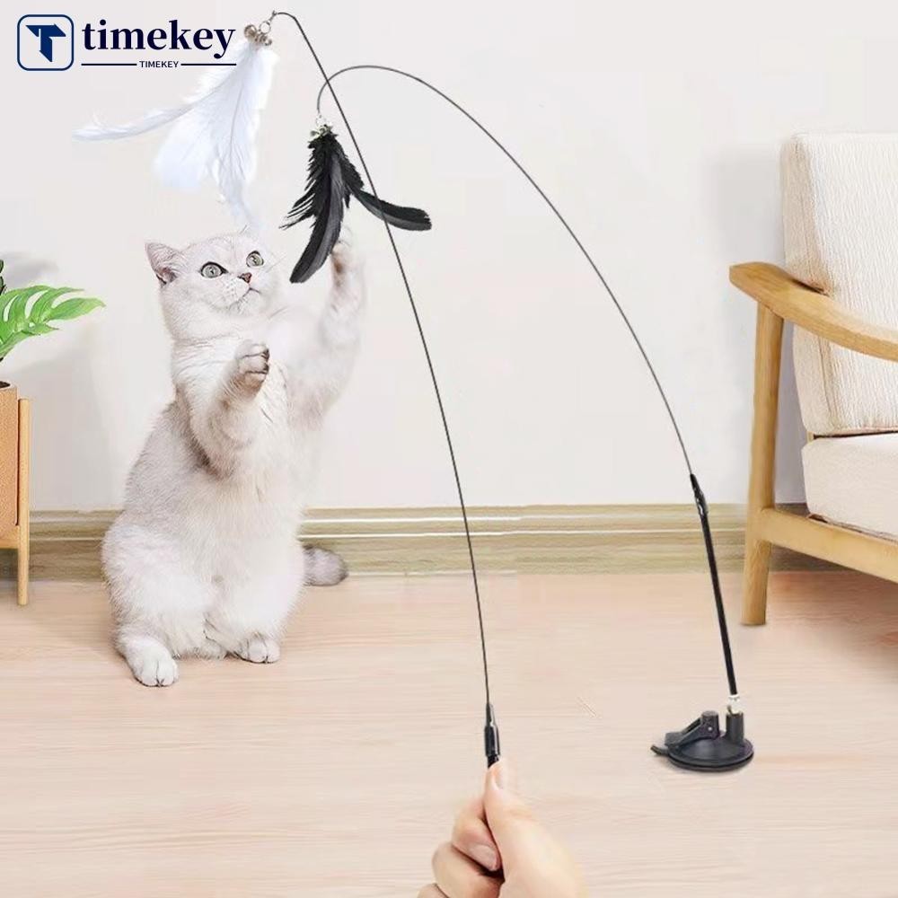 Timekey Cat Feather Teaser Stick แผ่นดูดของเล่นแบบโต้ตอบแมวตลก Teaser Wand Bell ของเล่นสําหรับลูกแมวเล่นอุปกรณ์แมว A4K9