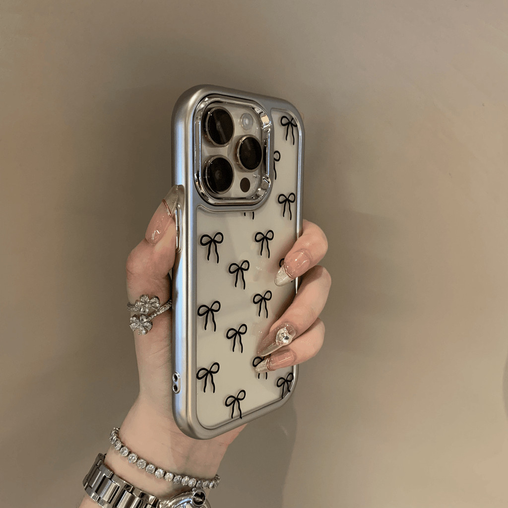 Electroplated เต็มหน้าจอสีดํา bowknot เคสโทรศัพท์สําหรับ iPhone15 14 13 12 11 Pro Max Shock-proof electroplated กรอบสี่เหลี่ยมป้องกันกล้อง Soft ฝาหลัง