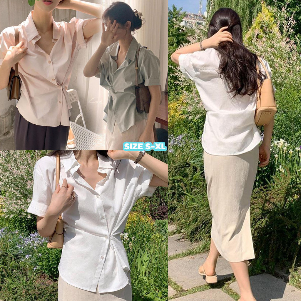 MIMI&DIDI#เสื้อเชิ้ตแขนสั้น สีขาว เสื้อแฟชั่นผู้หญิง คอปกโปโล สไตล์เกาหลีเรียบง่ายสีทึบ S-XL#3399