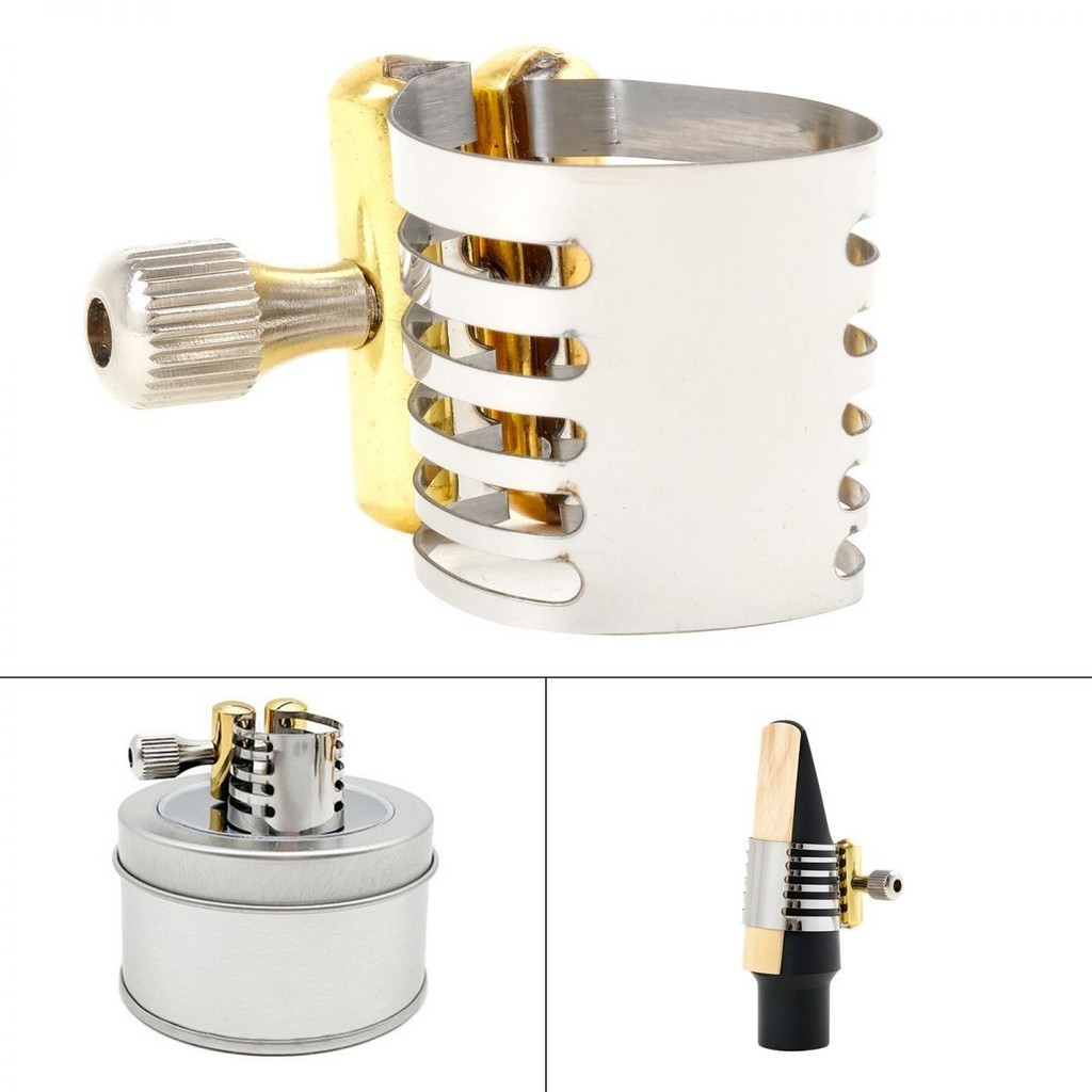 Soprano / Alto / Tenor Sax Ligature สแตนเลสแซ็กโซโฟน Mouthpiece Ligature สําหรับ Bakelite Mouthpiece พร้อมกล่องเหล็ก