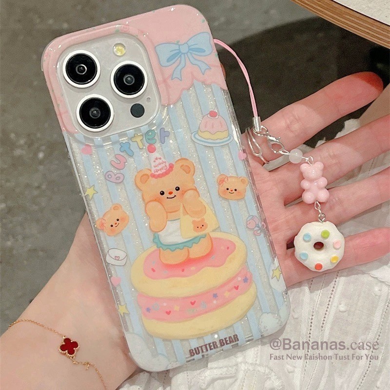 Iphone 15 14 13 12 11 Pro Max X Xr Xs Max 7 8 Plus SE2020 เคสโทรศัพท์น่ารักโดนัทหมี + Lanyard Bling Clear Soft Cover
