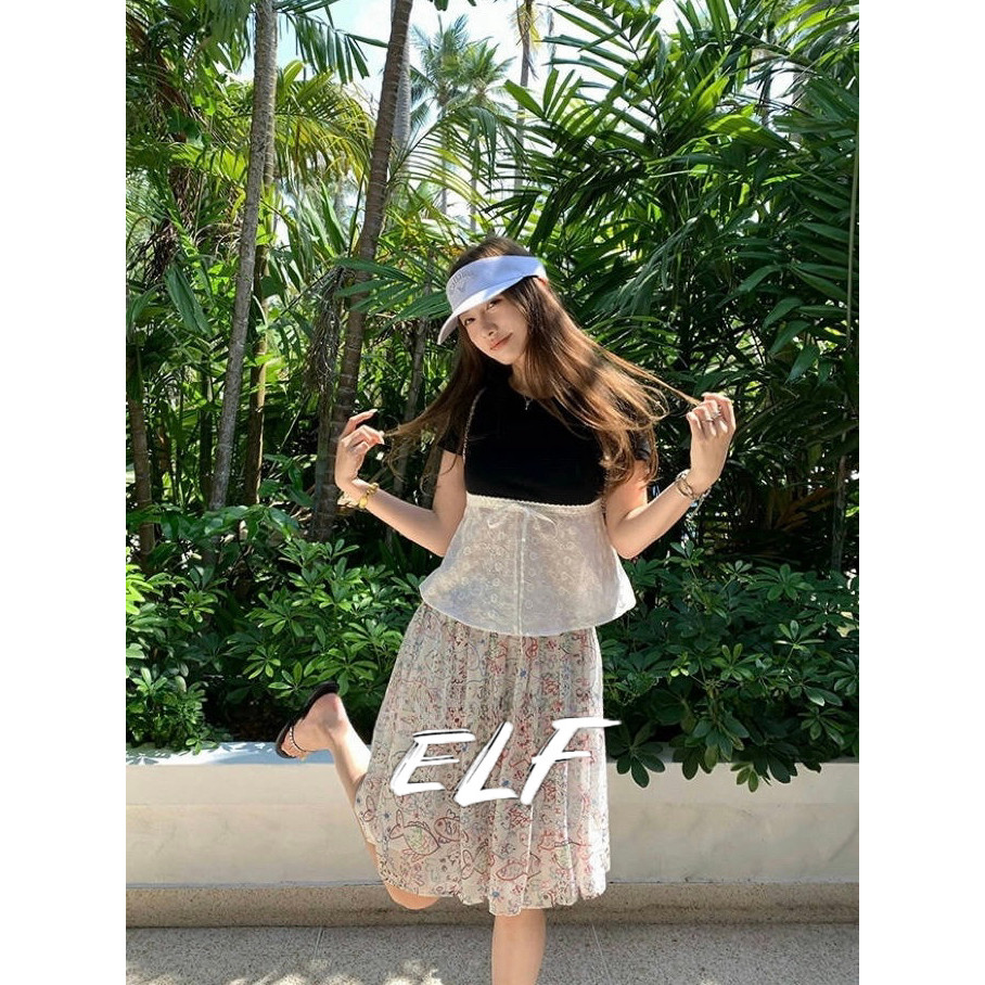 เกาหลี Crewneck ลูกไม้เย็บ Drawstring Tie เสื้อยืดแขนสั้น