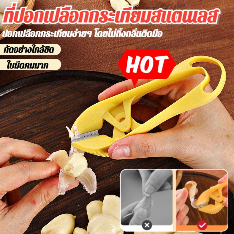 สแตนเลส ที่ปอกกระเทียม มีดหัวแบน+มีดตัดคลื่น อุปกรณ์ปอกแบบมือดึง ความปลอดภัย ไม่มีกลิ่น การคืนตัวอัตโนมัติ