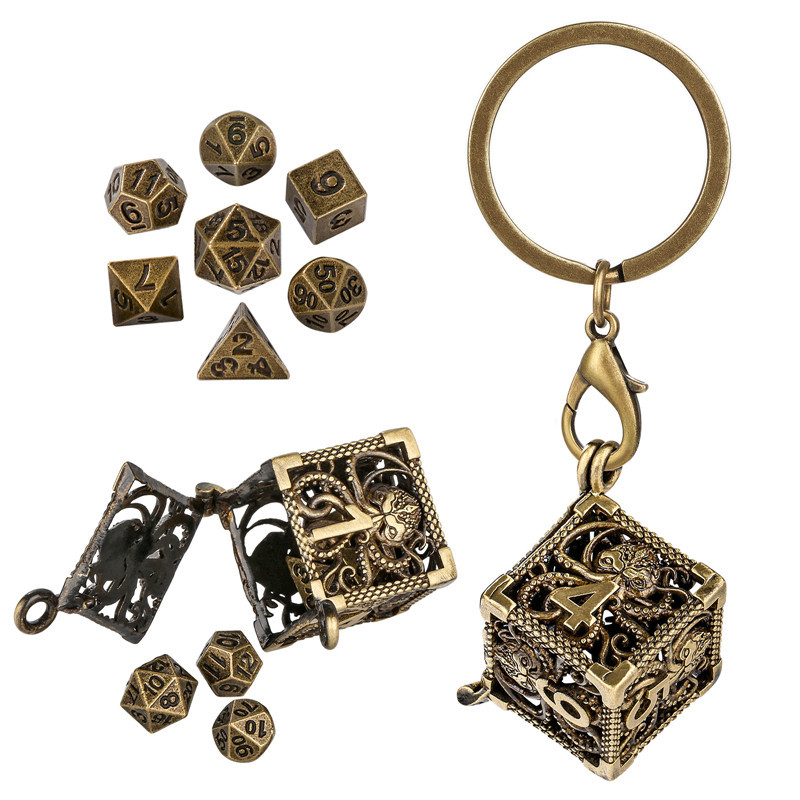Unique Pendant D6 Octopus Case Pendant Key Ring Chain with 7pcs/set Tiny Metal Polyhedral Dice  DND 