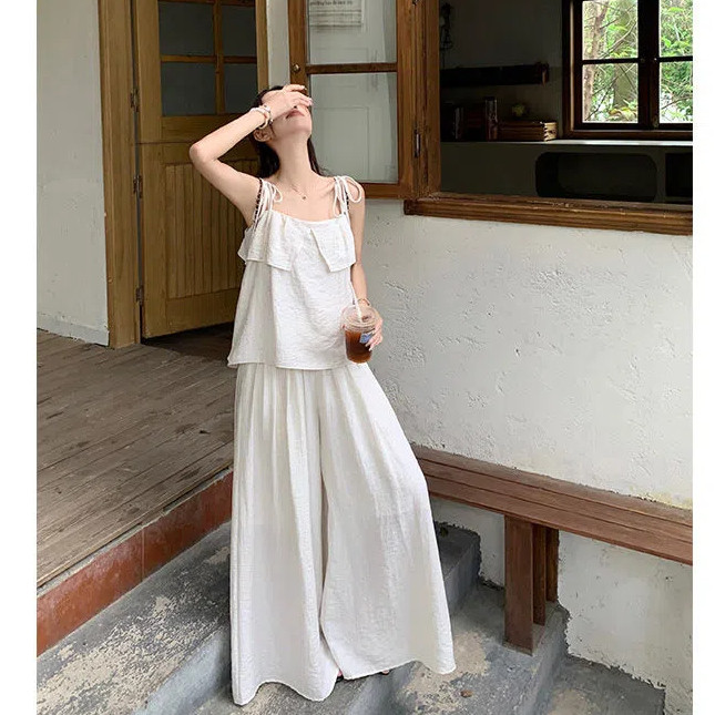 สูทผู้หญิงแฟชั่นออกแบบเสื้อกั๊กแขวน+หลวมขากว้างกระโปรงลําลองชุดสองชิ้น