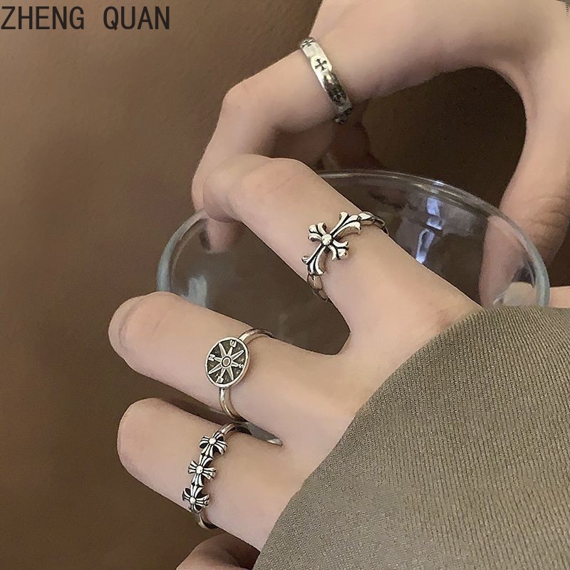 5 ชิ้น/เซ็ตแฟชั่น Punk Cross แหวนชุดแหวนปรับแหวนผู้หญิง Vintage เครื่องประดับวันหยุดของขวัญอุปกรณ์เสริม