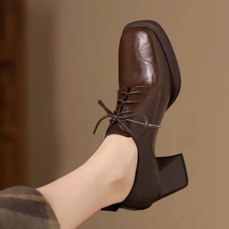 รองเท้าส้นสูงผู้หญิง สไตล์เกาหลี ย้อนยุค หัวเหลี่ยม แบบผูกเชือก ส้นหนา ขนาด 35-40