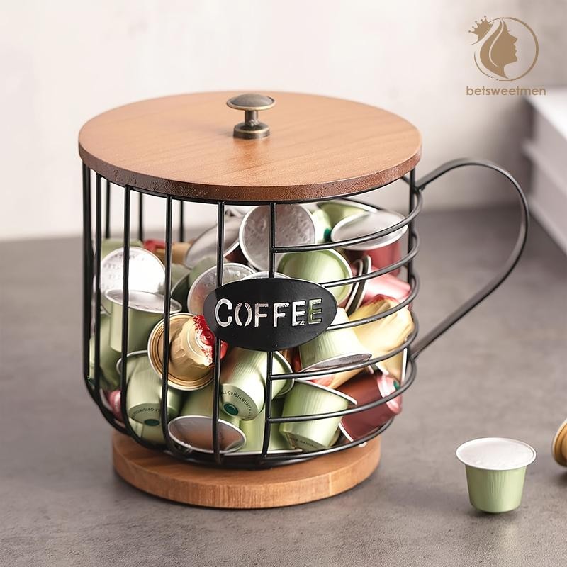 [PE] ที่วางกาแฟพร้อมฐานและฝาปิดที่วางแคปซูลกาแฟเหล็ก Hollow Coffee Pod Storage เคาน์เตอร์ครัว Organizer ตะกร้า TH