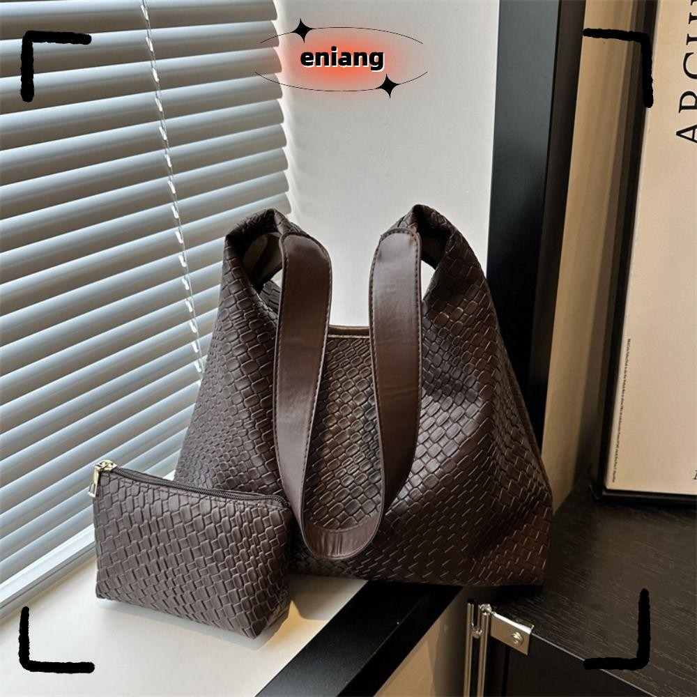 Eniang815 กระเป๋าถือ กระเป๋าสะพายสีทึบ PU ความจุขนาดใหญ่พร้อมกระเป๋าใบเล็ก Casual Tote Bag