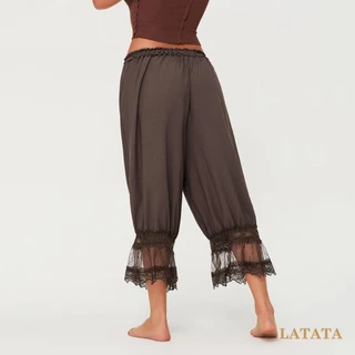 (จัดส่งในกรุงเทพฯ)Latata-Womens Cropped Pants Loose Mid Rise Patchwork Lace Lantern Pants Casual Streetwear