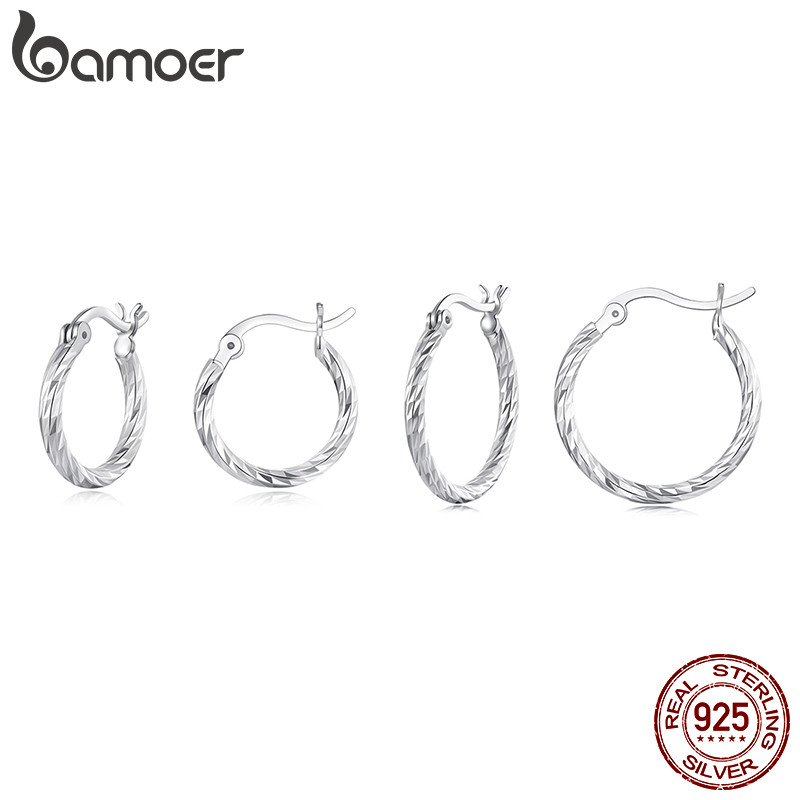 Bamoer 925 เงินสเตอร์ลิง Sliver Hoop ต่างหู Shining Simple เครื่องประดับของขวัญสําหรับผู้หญิง BSE1177