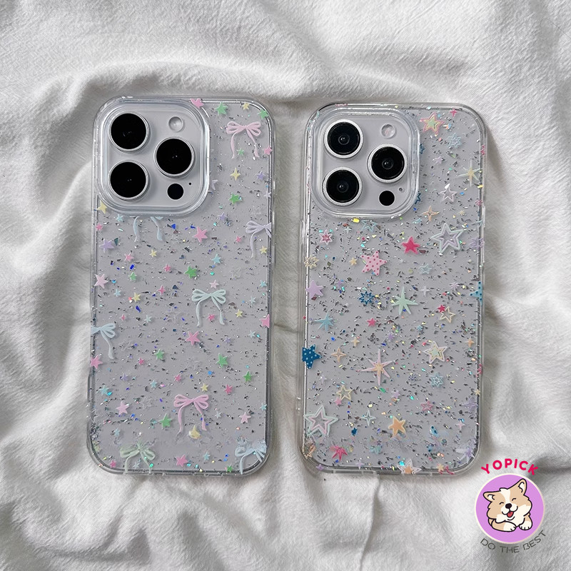 โบว์สีสันสดใสพร้อมดาวสําหรับiphone 16Promaxใหม่ป้องกันการล่มสลายiPhone15PromaxสุทธิสีแดงGlitterเต็มหน้าจอบุคลิกภาพหญิง14/13pro max 12pro 12plus Soft Case DSP