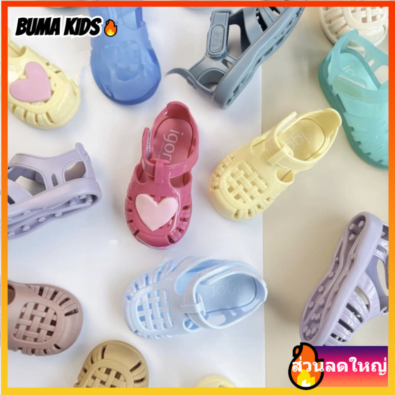 BUMA KIDS🔥รองเท้าแตะโรมันสีพื้นสำหรับเด็กชายและเด็กหญิง แบบปั๊ม พร้อมตีนตุ๊กแก สำหรับชายหาด