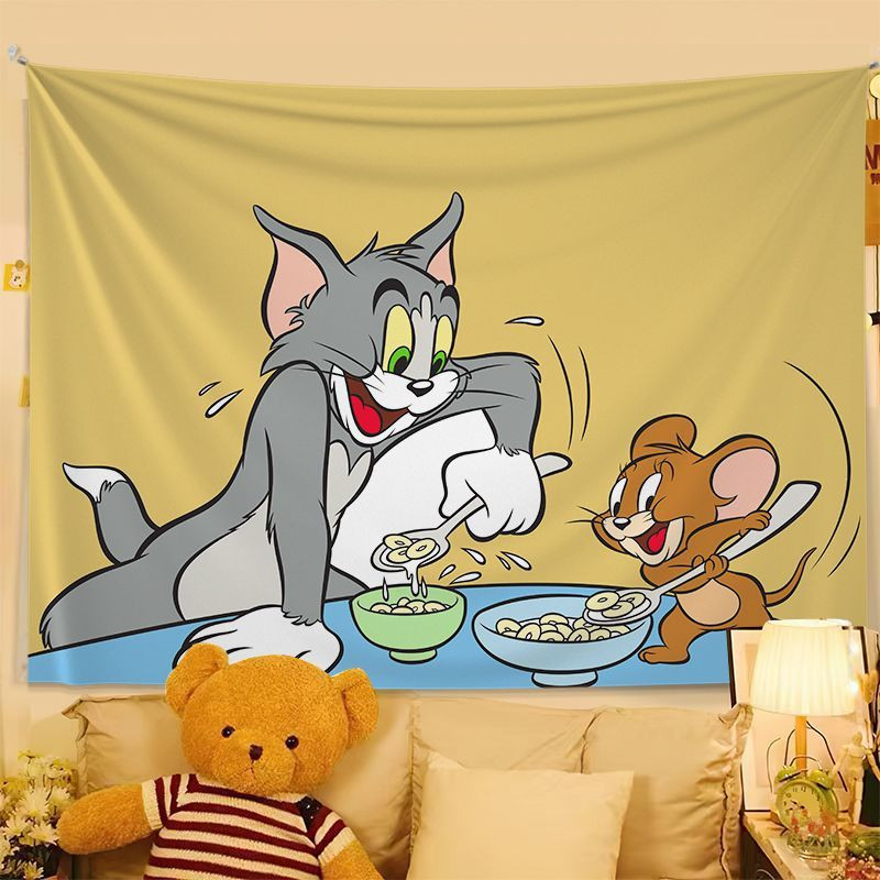 จัดส่งจากไทย Agirl Tom and Jerry - ผ้าพื้นหลังสำหรับโฮมสเตย์ สตูดิโอ ห้องนั่งเล่น หอพัก บ้านเช่า ผ้าแขวน ผ้าผนัง ผ้าข้างเตียงพิเศษ