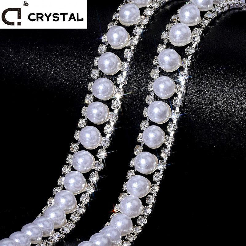 1 หลาสีขาวมุก พลอยเทียม ตัดริบบิ้นคริสตัลเงินมุกแบนโซ่เจ้าสาวชุดแต่งงานอุปกรณ์ตกแต่ง