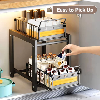 MoreNice ชั้นวางของแบบเลื่อนได้ 2 ชั้น สำหรับวางใต้ซิงค์ ตะกร้าใส่จาน ชั้นวางของในครัว ห้องน้ำ หรือห้องเก็บของ