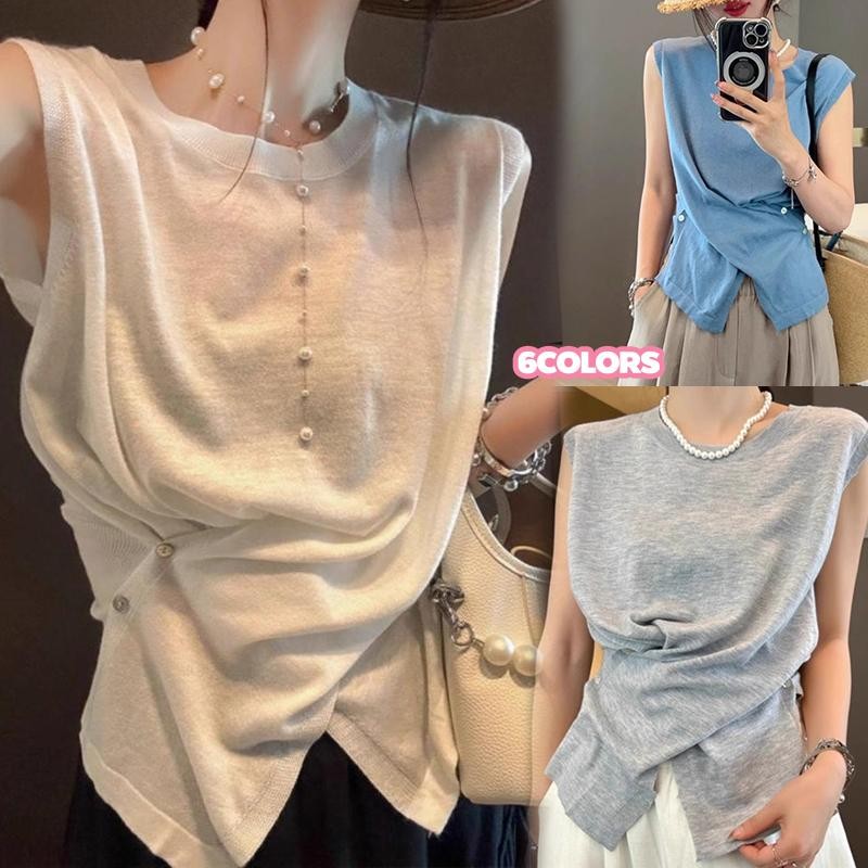 Mimi&Didi#เสื้อยืดไหมน้ำแข็งถักแขนกุดสำหรับผู้หญิงในฤดูร้อน เสื้อกั๊กสั้นทรงบางสไตล์ไม่สม่ำเสมอสำหรับสวมใส่ด้านนอก#H057