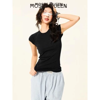 < MOSESQUEEN > อเมริกันย้อนยุคสีทึบเสื้อยืดแขนสั้นบางหญิงฤดูร้อนสาวร้อนสลิมแขนบินขนาดเล็กสั้นด้านบน #62847