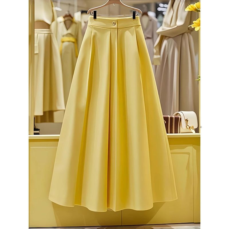 [หนุ่มแกะ] กระโปรงจีบ A-Line สีเหลืองฤดูใบไม้ผลิสวมใส่เด็กฤดูร้อนกระโปรงยาวอารมณ์ระดับไฮเอนด์