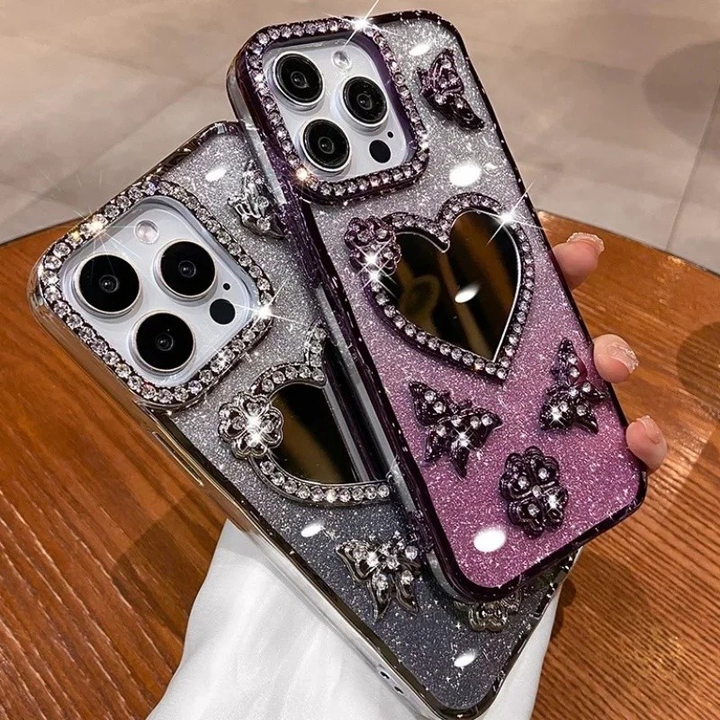 เคสกระจกแต่งหน้ารูปหัวใจสำหรับ iPhone 16 Pro Max 15 Plus เคสเคลือบผีเสื้อสำหรับ iPhone 14 Pro 13 12 11 เคสเพชรแวววาว