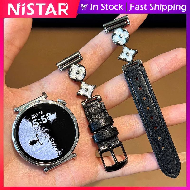 Nistar สายรัดข้อมือนาฬิกาหนังแท้ ตกแต่งโลหะ สําหรับ 14/18/20/22 มม. หัวล็อคแบบ Quick Release ลายดอกไม้สี่ใบ สําหรับ HUAWEI GT 6/5/4/3/2 Pro ขนาด 46/48 มม.