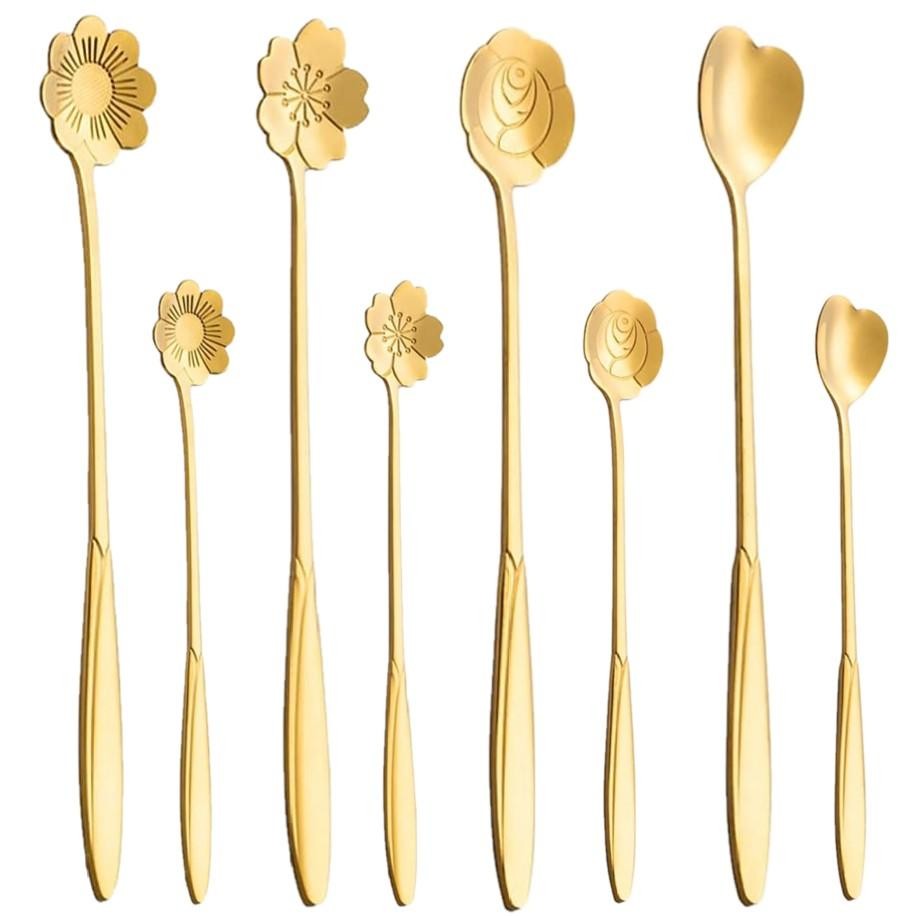 ช้อนกาแฟ ส้อมขนมหวาน สีทองสแตนเลส ลวดลายสวย ขนาด ทานขนมหวาน ทานไอศครีม คนทานกาแฟ 12cm/17cm