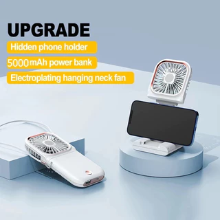 พัดลมห้อยคอ 5000mAhความจุสูง พัดลมติดมือ พัดลมพกพา usb ปรับความเร็วได้ 3 ระดับ มแรงแบตนานแฟนมือถือ2in1ที่วางโทรศัพท์