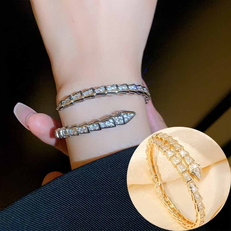 Niche Design Zircon กําไลข้อมืองูสร้อยข้อมือเพชรเต็มรูปแบบสร้อยข้อมือเปิดรูปงูระดับไฮเอนด์