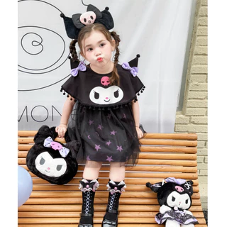 🧸 ส่งจากไทย🧸ชุดเด็กผู้หญิง Kuromi เดรสเจ้าหญิง 1-8ปี ผ้าฝ้ายแขนสั้น ลายการ์ตูน สไตล์เกาหลี สําหรับไปงานปาร์ตี้ Halloween แม่มด สีดํา