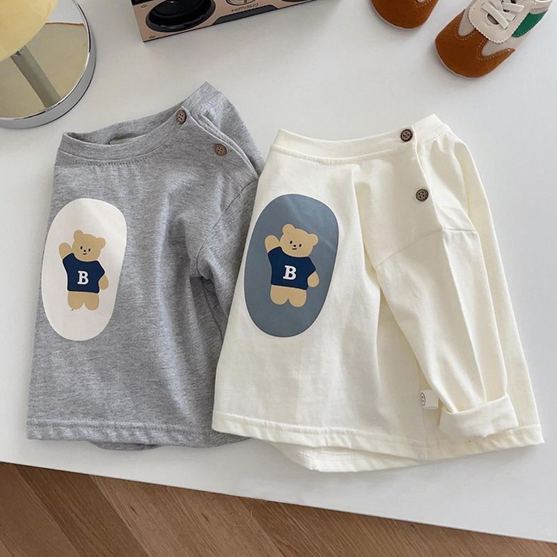 ฤดูใบไม้ผลิและฤดูใบไม้ร่วง ยู นิสซ์ เด็กแขนยาวเสื้อยืด-เสื้อออกแบบการ์ตูนและปุ่มไหล่, หมี-แนว รอบคอด้านในด้านบนในสไตล์ อิน เหมาะสําหร