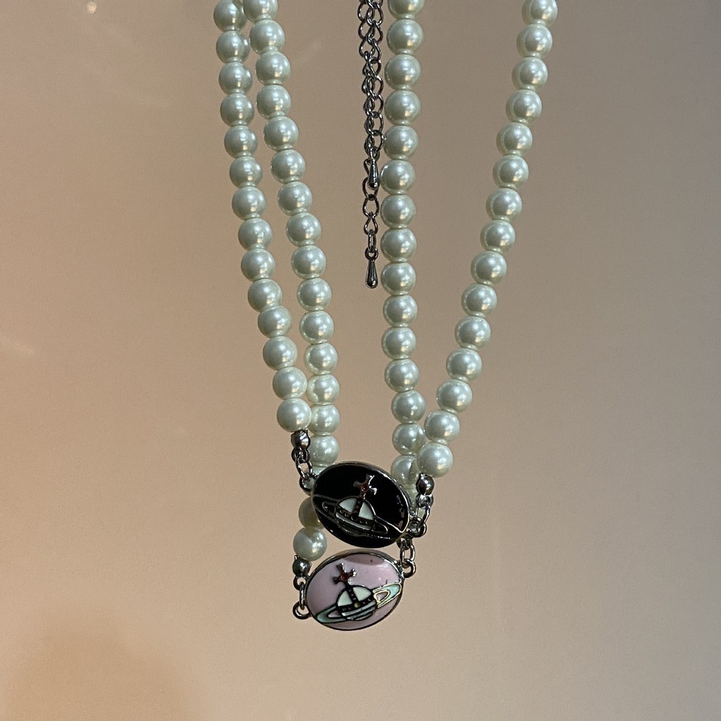 Vivienne Westwood เคลือบ Saturn สร ้ อยคอมุก Niche Clavicle Chain Planet ต ่ างหู