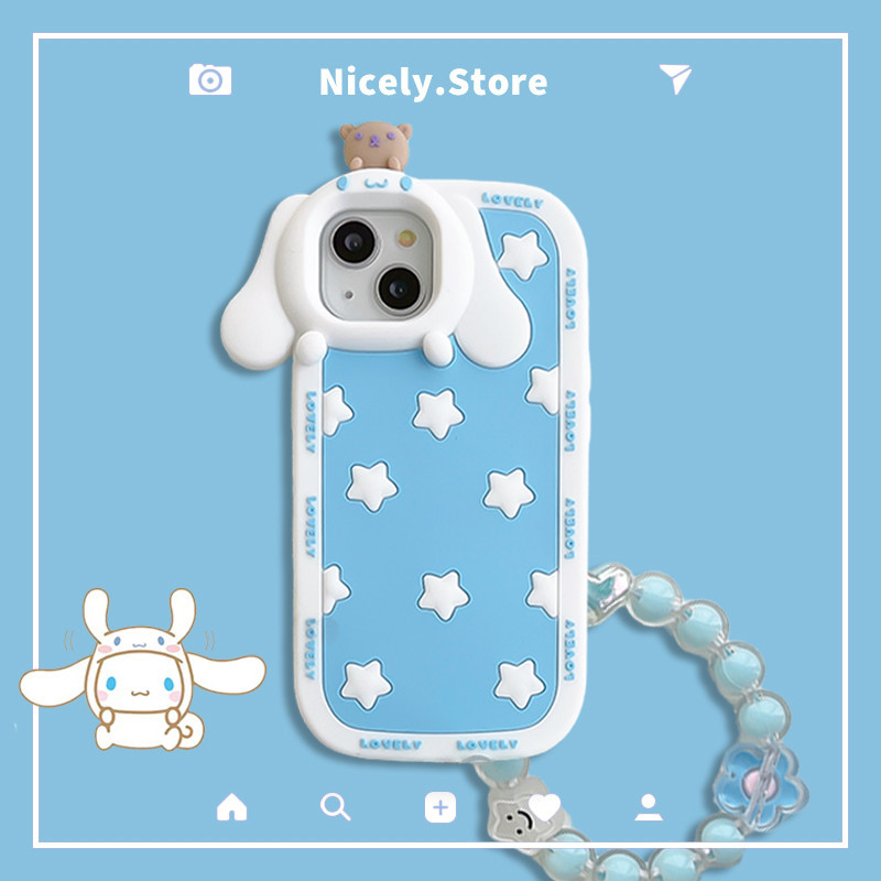 เคสโทรศัพท์มือถือ ซิลิโคน กันกระแทก ลายการ์ตูน Cinnamoroll Puppy Camera Frame Star สีฟ้า พร้อมสายคล้องข้อมือ สําหรับ iPhone 15 14 13 12 Pro Max 11