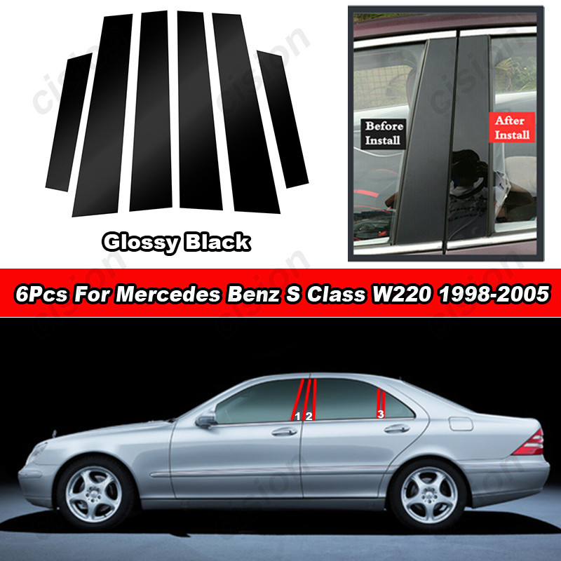 สติกเกอร์คาร์บอนไฟเบอร์ ติดเสาประตู หน้าต่างรถยนต์ สีดํา สําหรับ Mercedes Benz S Class W220 1998-2005 6 ชิ้น